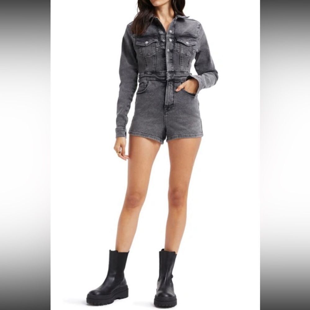 Good American Black Gray Denim Romper Jean Long Sleeve Collared One Piece Sze 2 - Picture 3 of 11